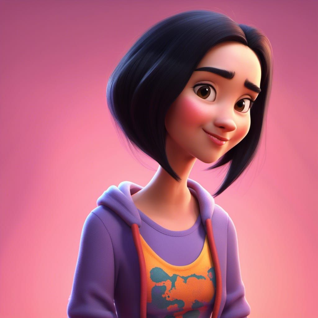 Cranky Woman with Black Hair in Pixar Style