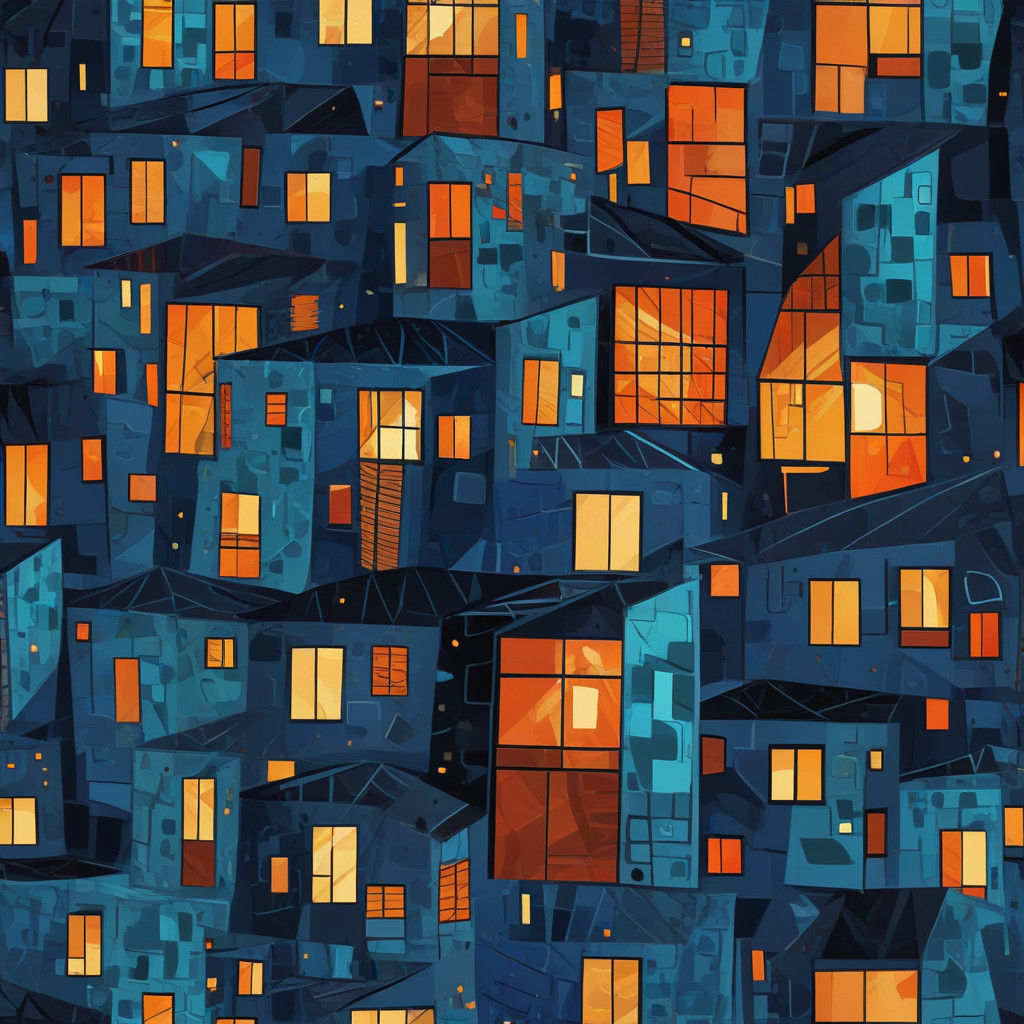 Bold Cubist Cityscape in Vibrant Geometric Forms