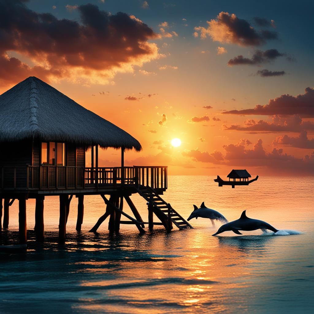 Maldives Sunset Resort with Dolphin, Detailed Matte Painting