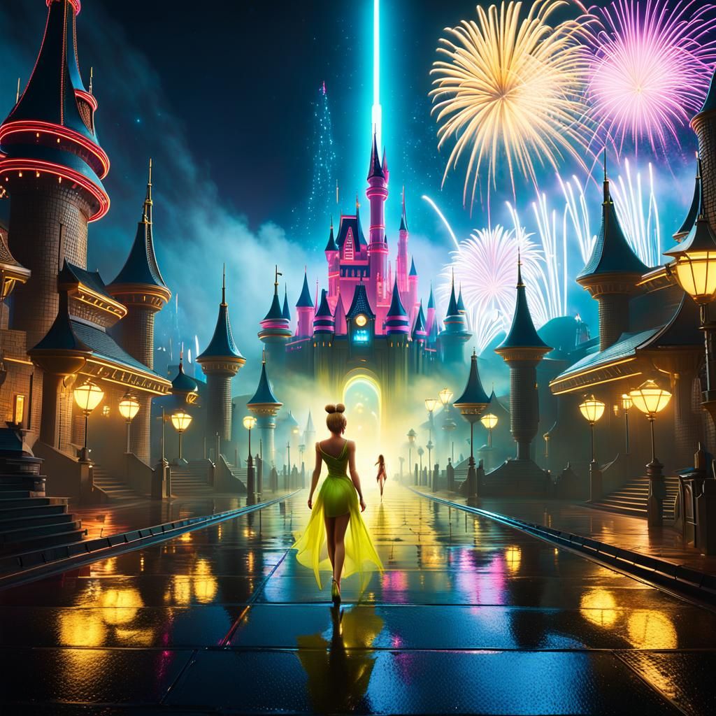 Cyberpunk Tinkerbell at the Disney Castle