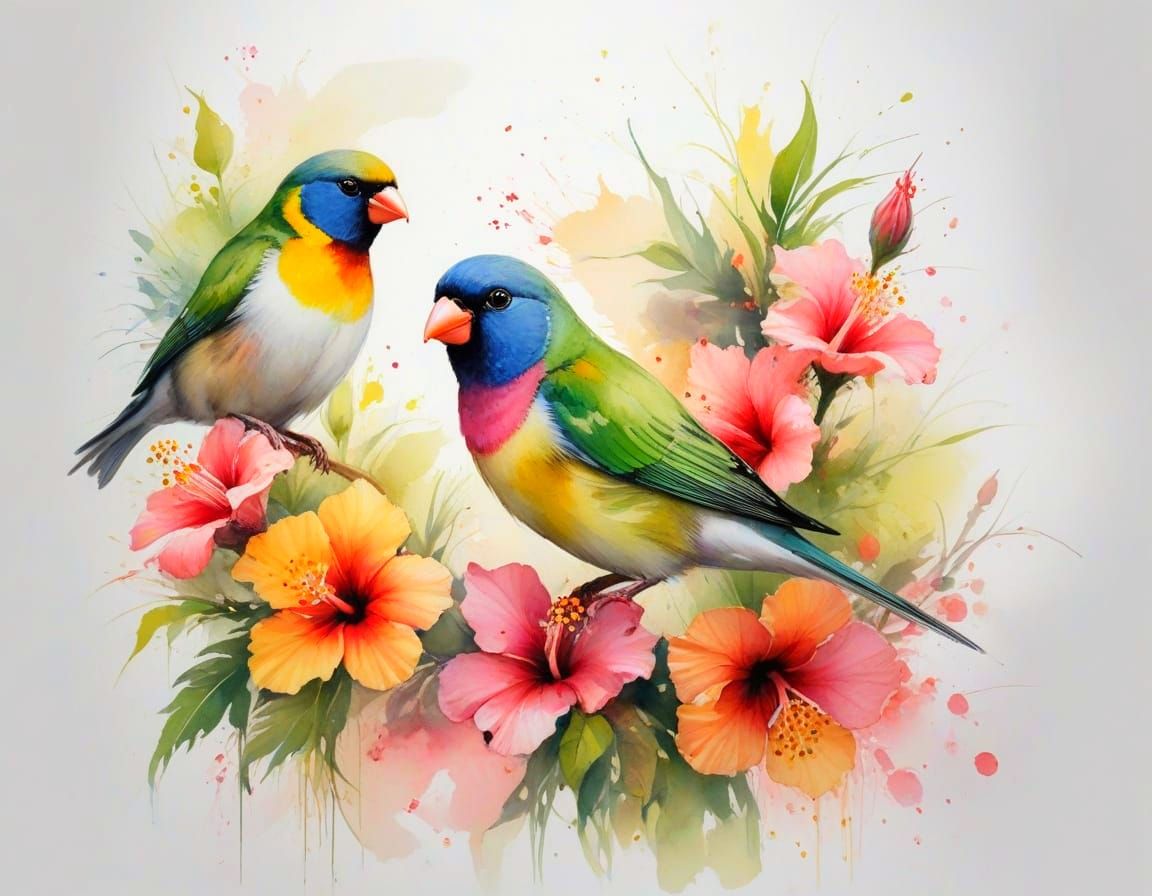 Gouldian Finch Among Hibiscus Blooms in Watercolour