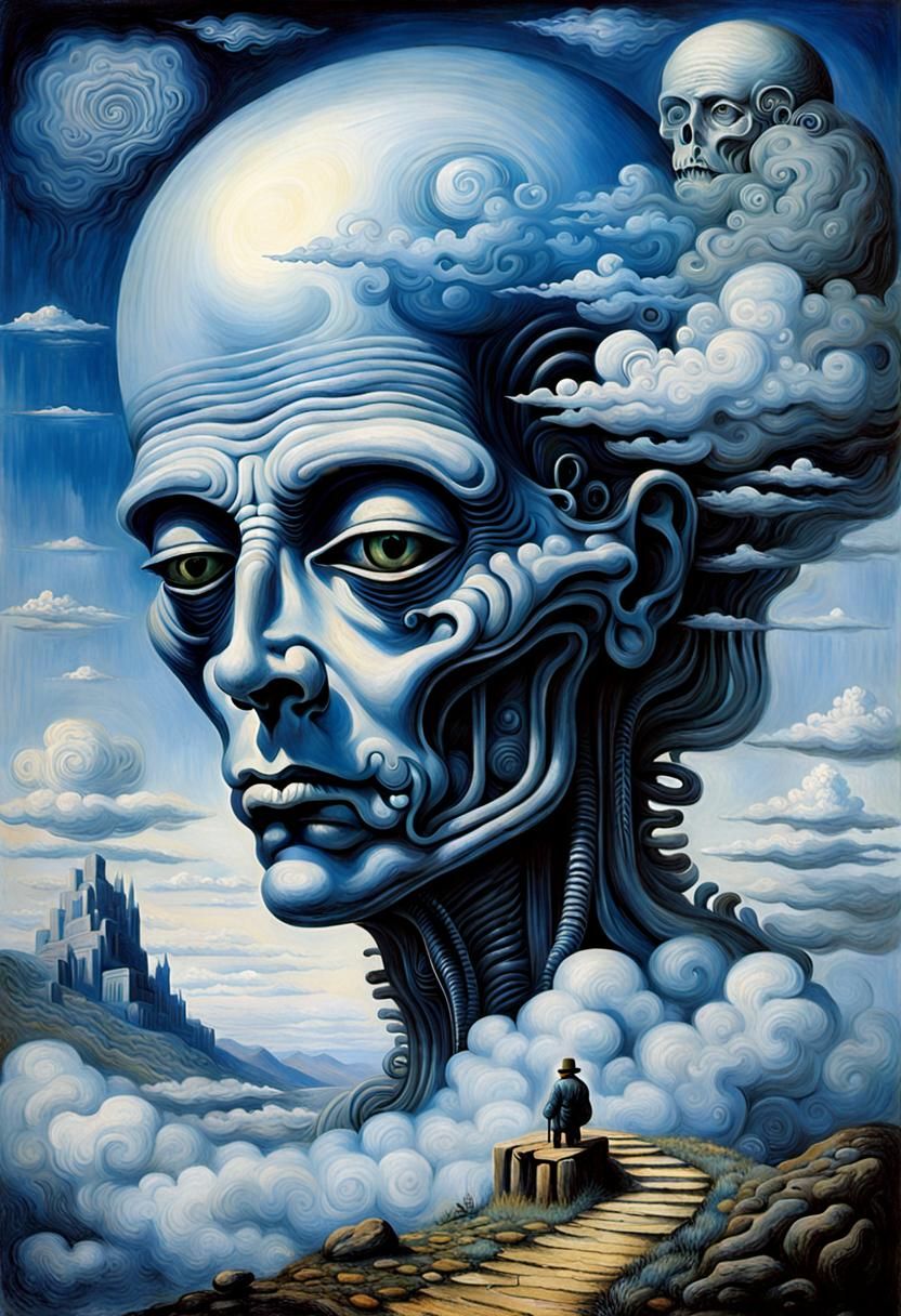 Daydreams of the solitary hiker the head in multi blue cloud...