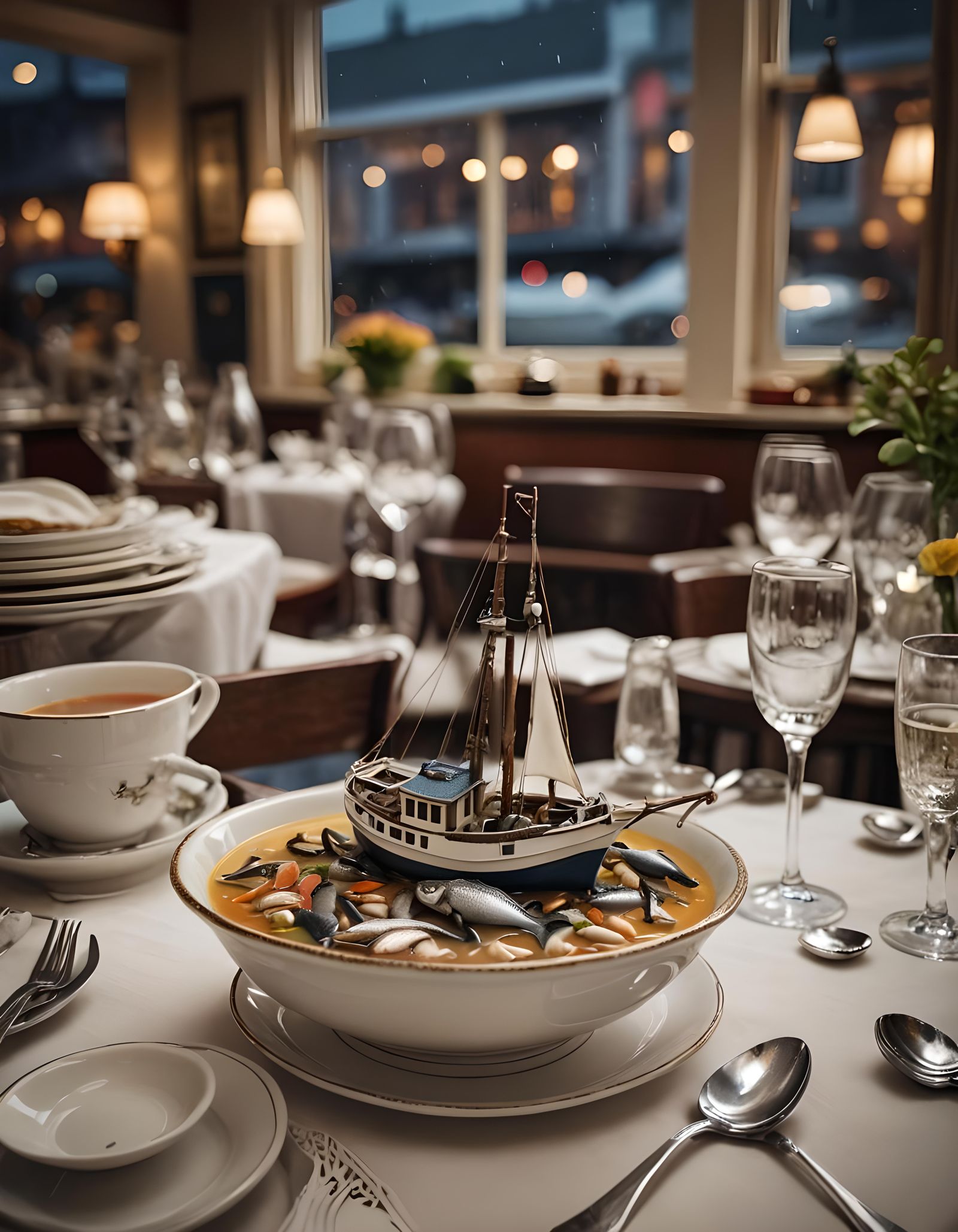Miniature Boat in Soup Bowl, Fine Dining
