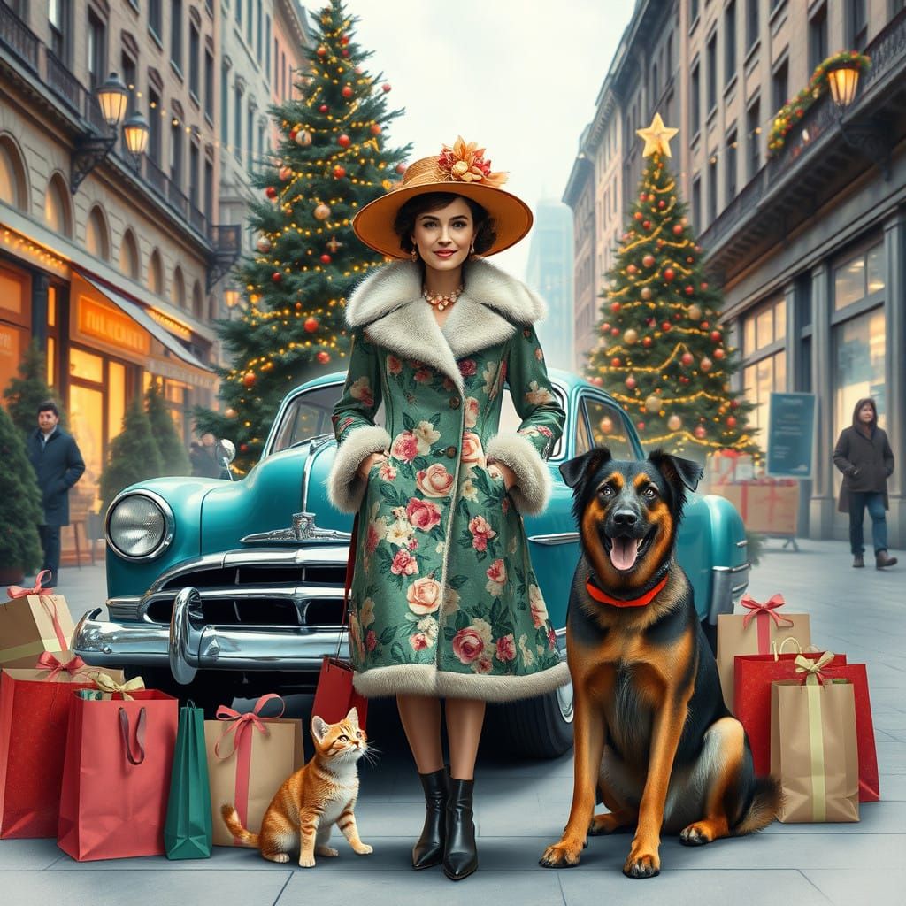 Vintage Whimsy: Elegant Woman Surrounded by Christmas Joy