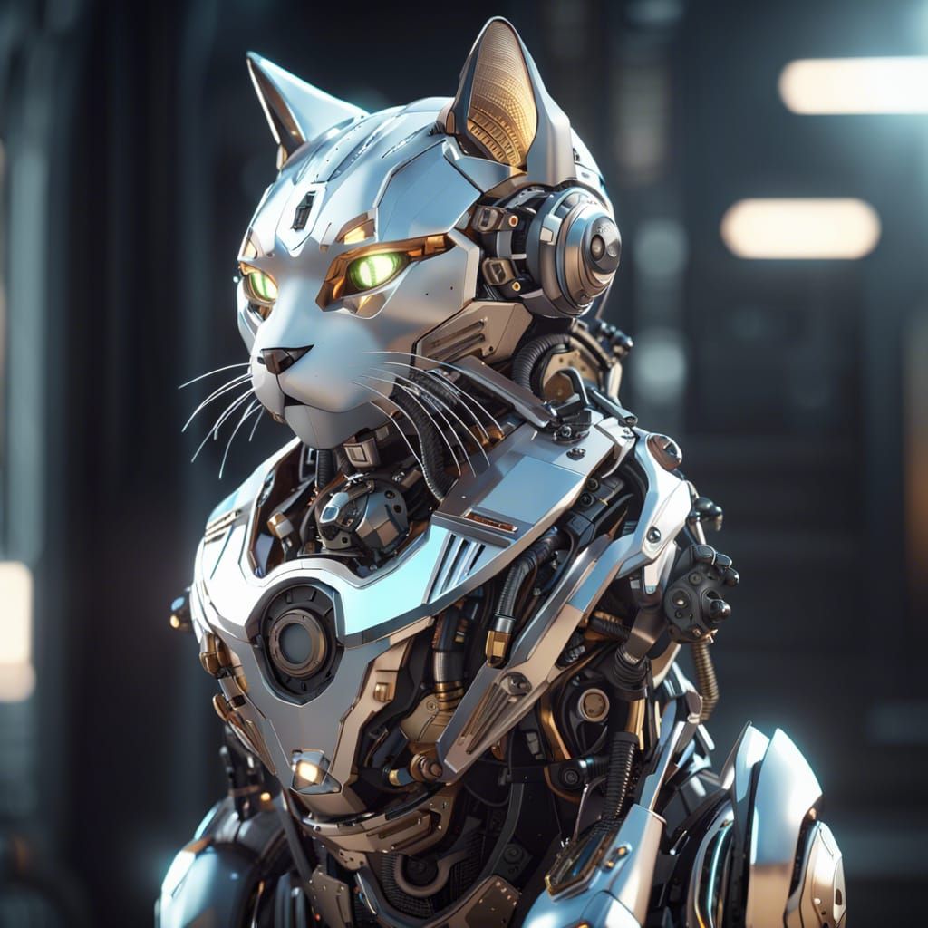 Futuristic Armored Robot Cat in Sci-Fi Setting
