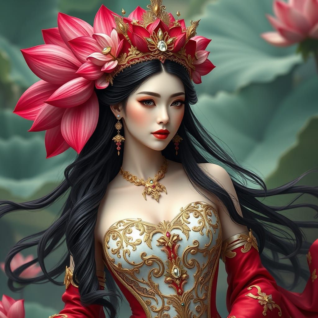 Ethereal Lotus Queen in Scarlet Attire