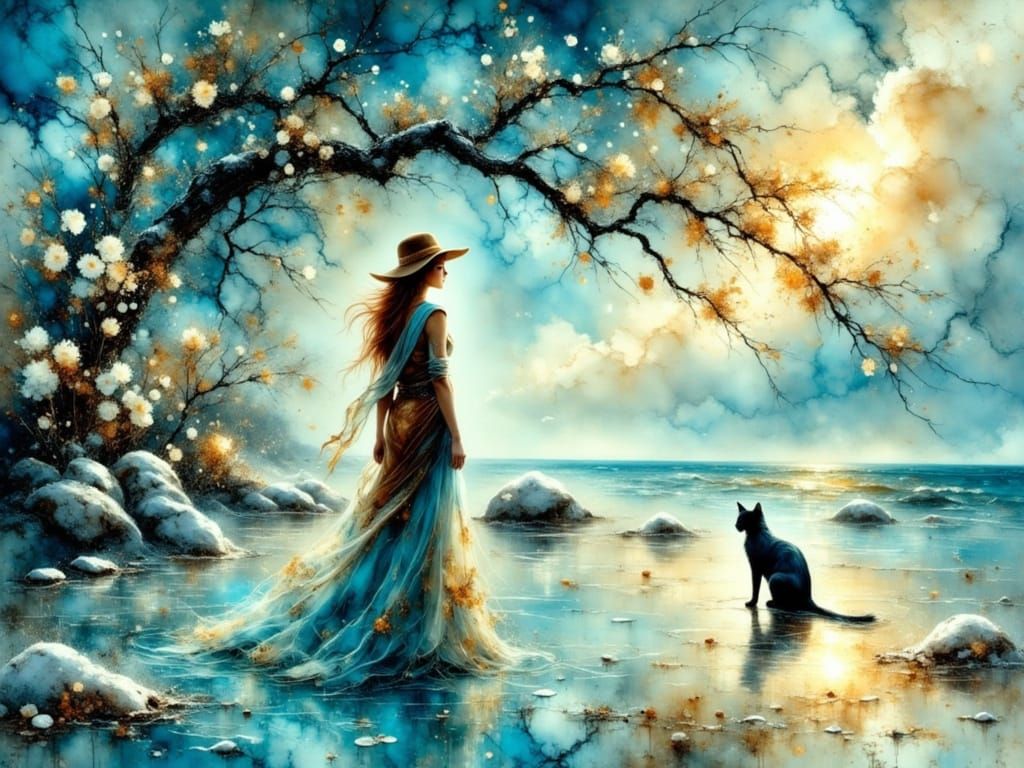 Female Warrior with Cat on Beach in Alcohol Ink Style