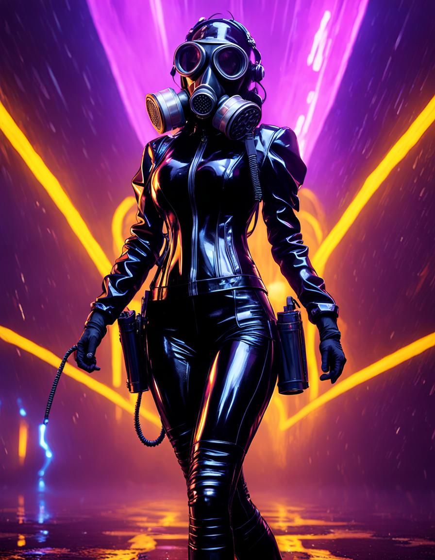 Woman in Rubber Outfit with Gas Mask, Hyperdetailed Art