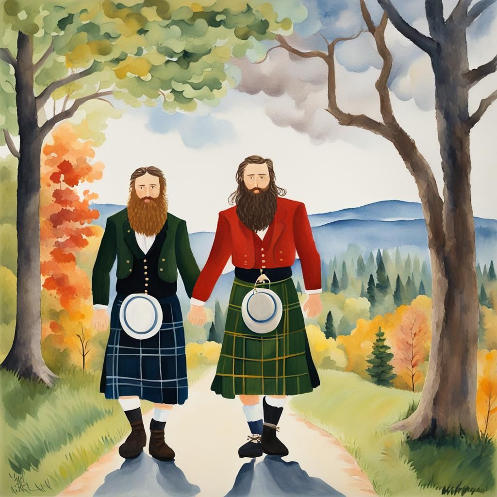 Happy Men in Kilts, Grandma Moses Style