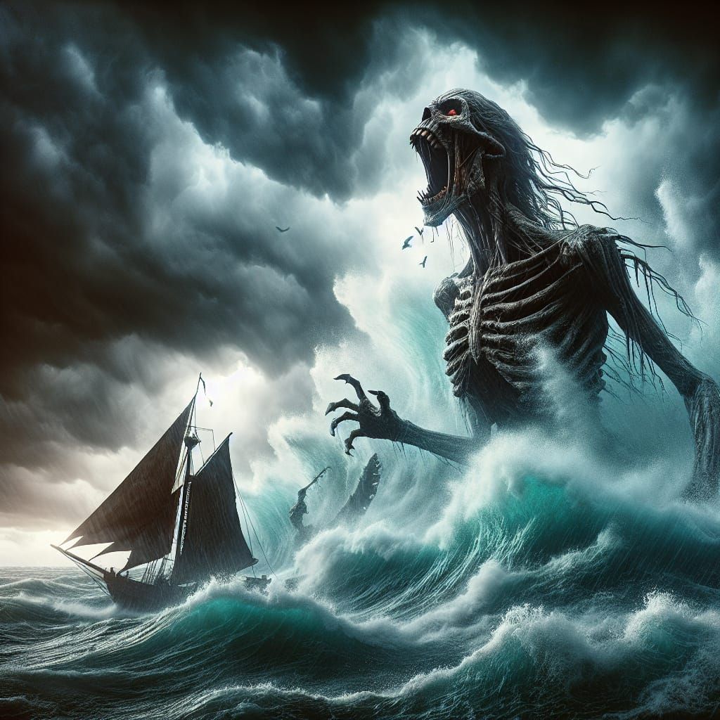 Giant Undead Mermaid Screaming in Stormy Sea