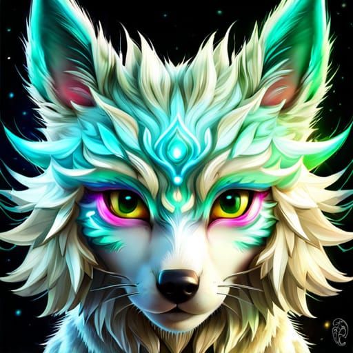 Chibi Fae Wolf with Glittery Eyes in Inkpunk Style