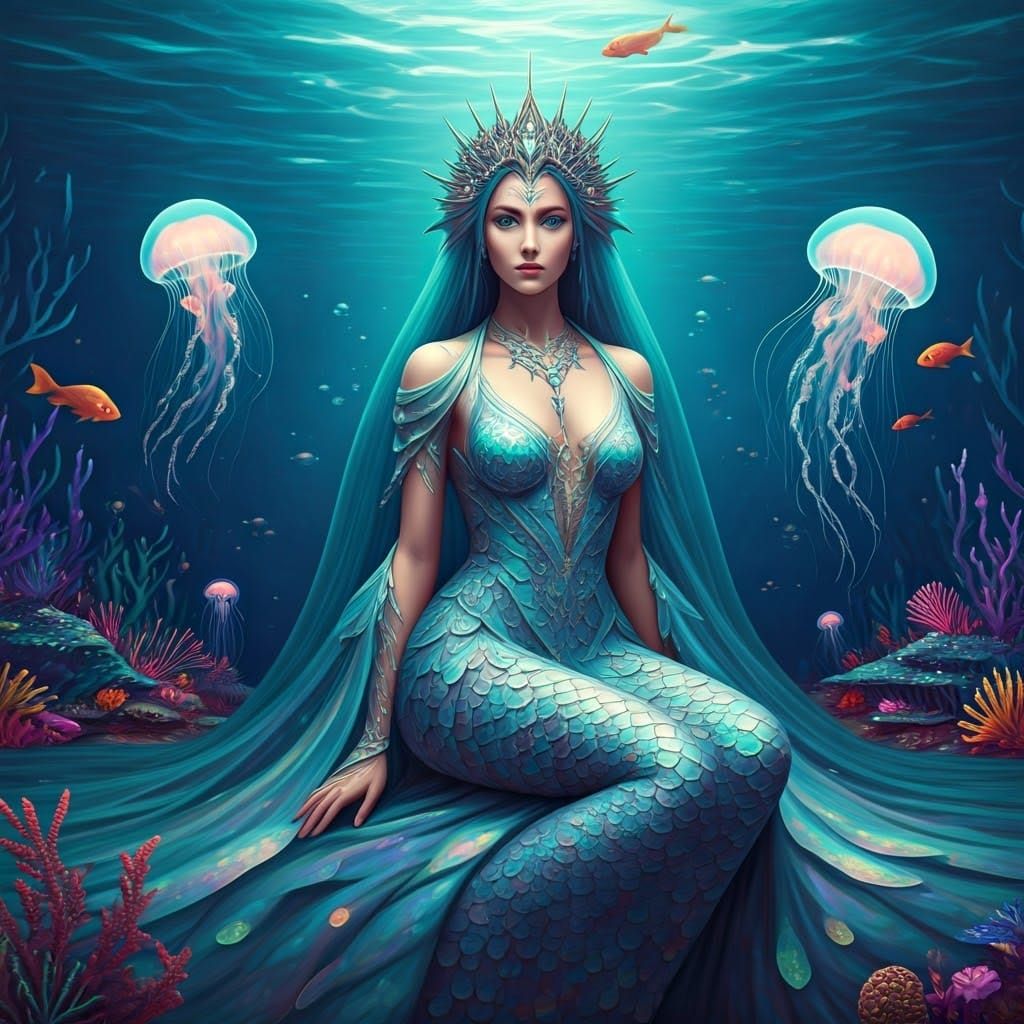 Ethereal Aquatic Goddess in Shimmering Gown