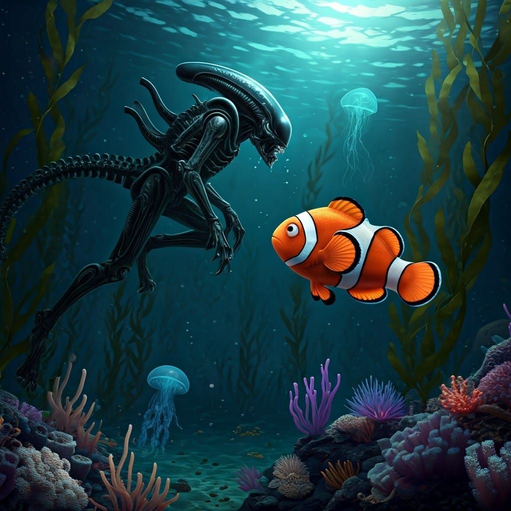 Surreal Encounter: Xenomorph Meets Gigantic Nemo in Hyperrea...