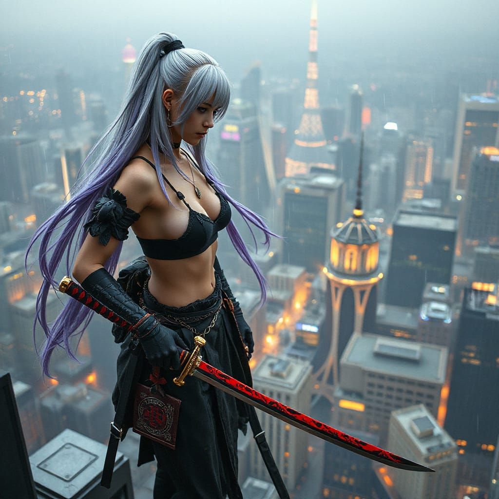 Cyberpunk Samurai Ninja Watches Over Floating City