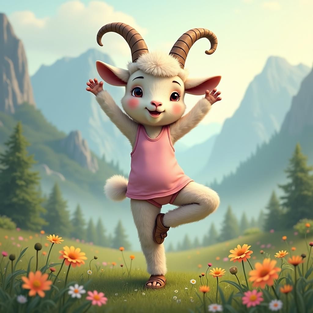 Yoga Goat in Misty Meadow, Atmospheric Painting