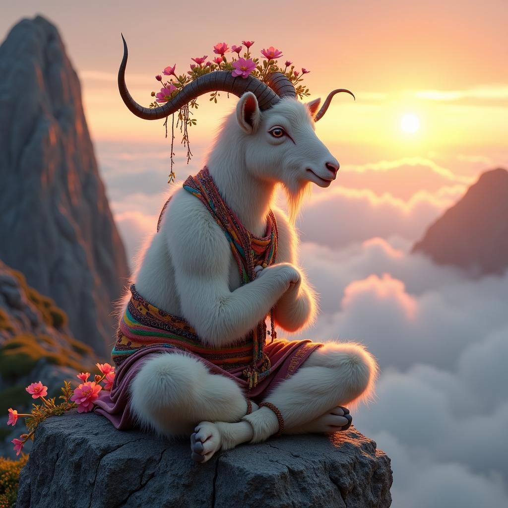 Whimsical Yoga Goat in Hippie Style