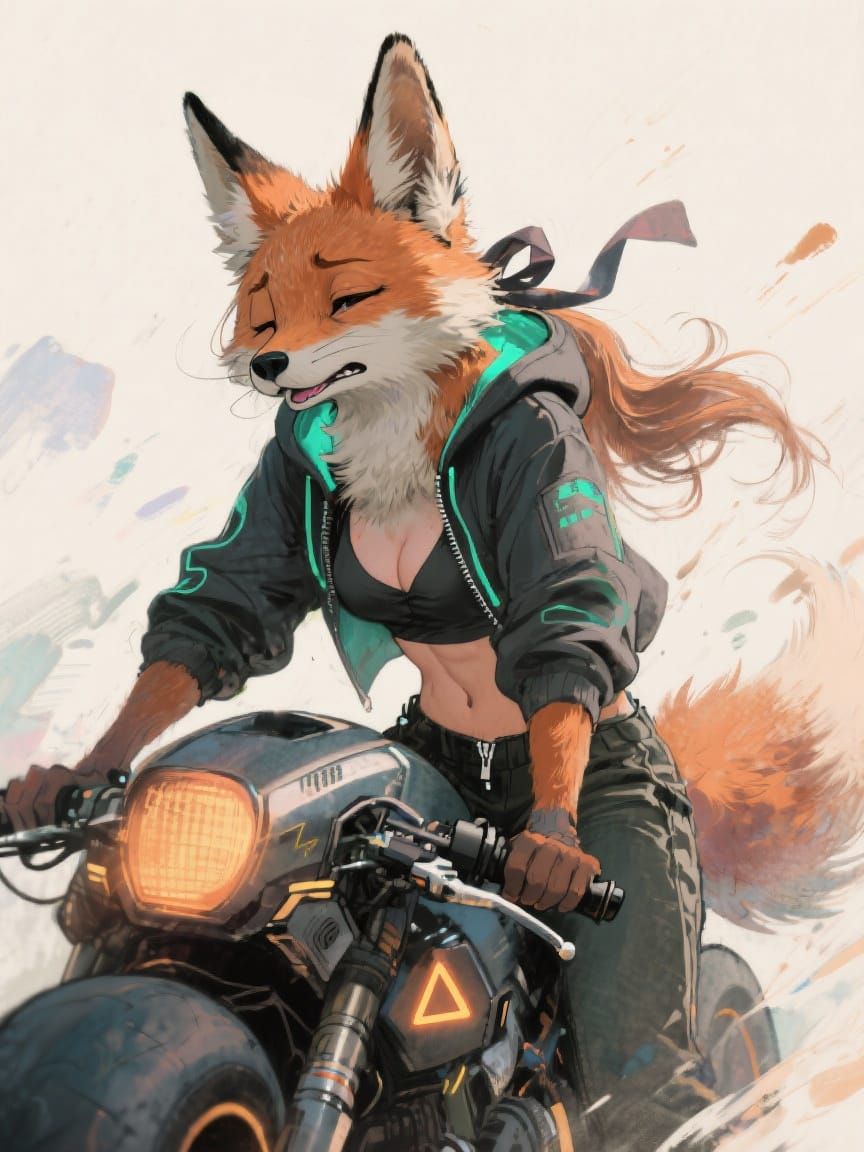 Furry Fox Biker in Cyberpunk Anime Style
