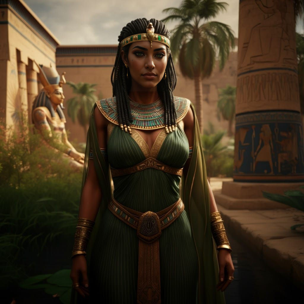 Egyptian Goddess Iabet Poses on Nile Riverbank in Ancient Pa...