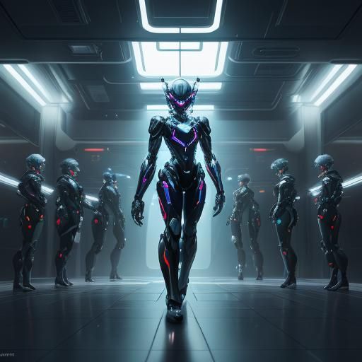 Cybernetic Anime Girls in Neon Factory