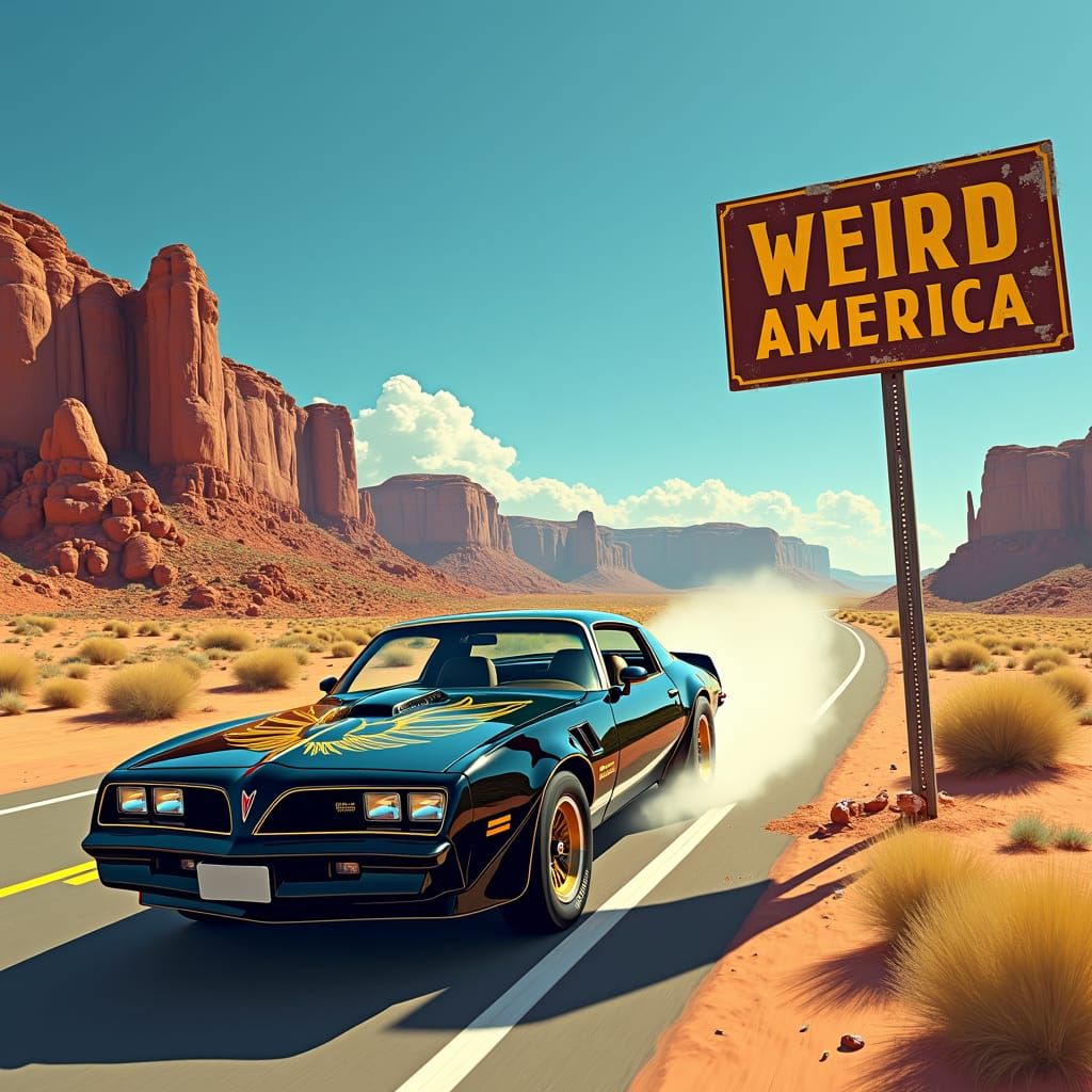 Sleek Black Trans Am Speeds Down Desert Road, Passing Weird ...