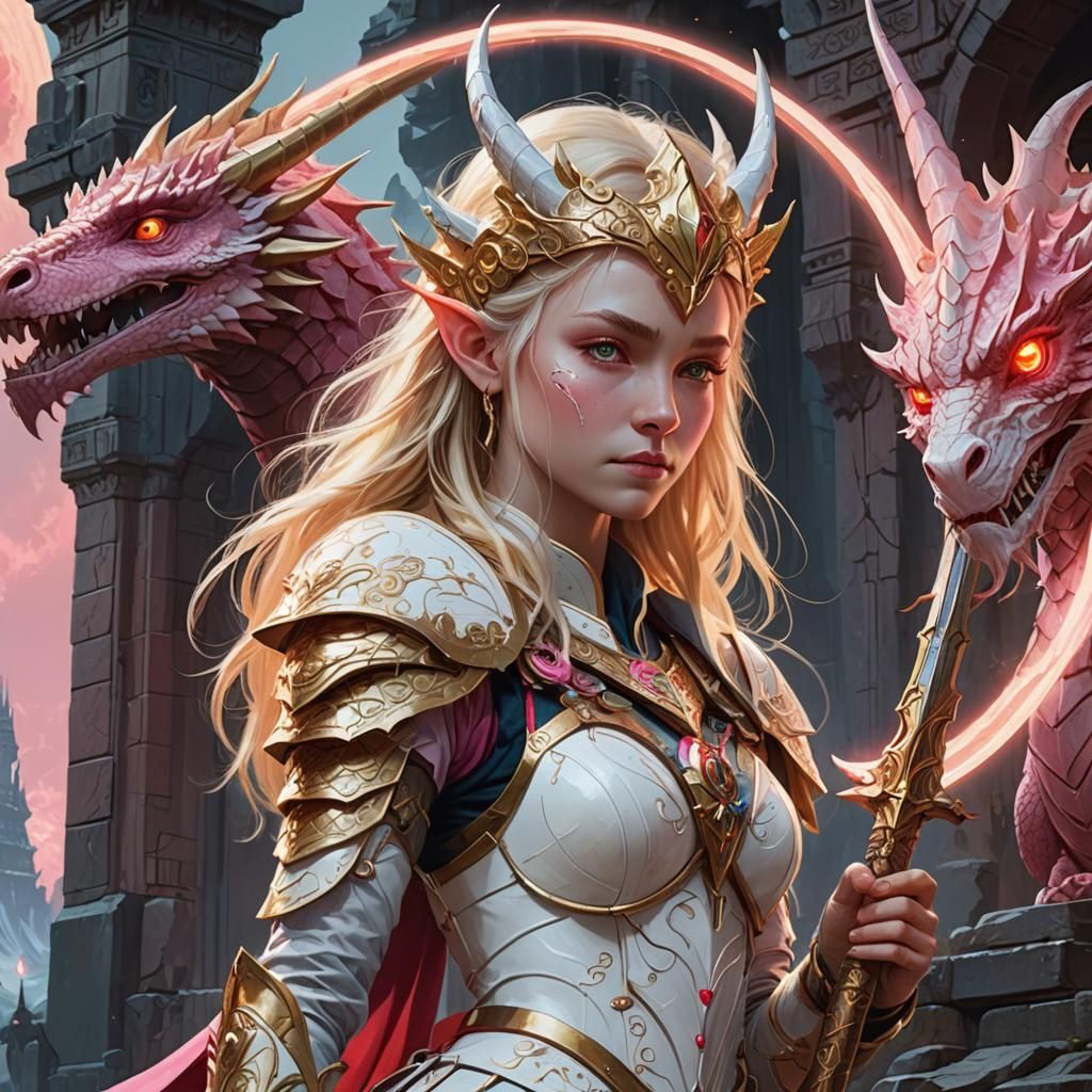 Elf Goddess with Dragon in Mystical Temple