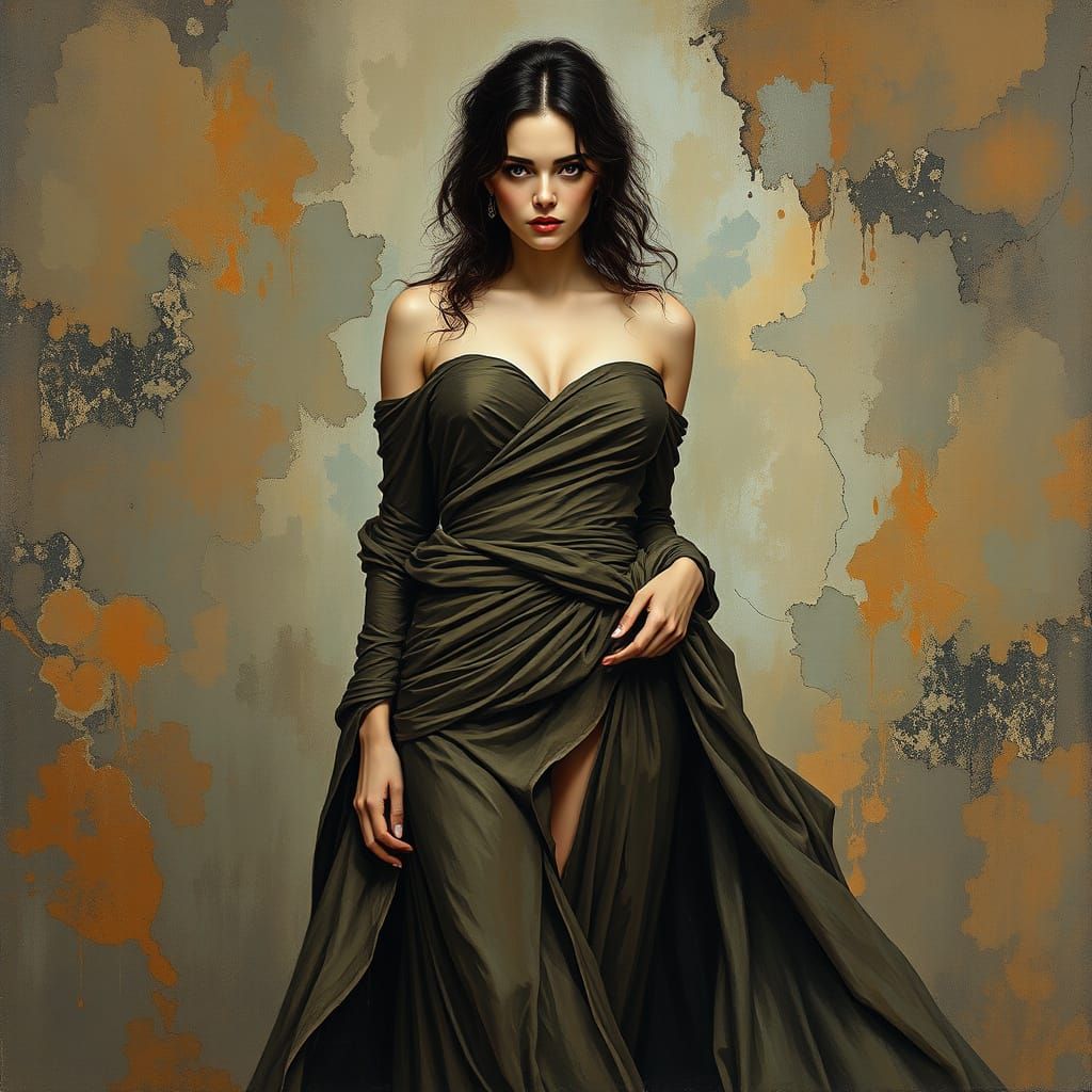 Mysterious Woman in Gouache Style with Flowing Attire