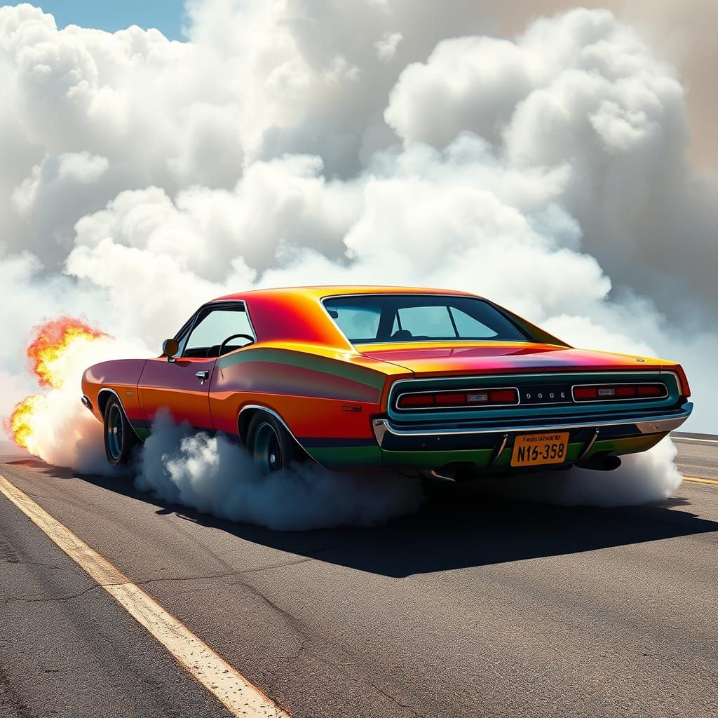 Rainbow Dodge Challenger Blazes Asphalt in Epic Burnout