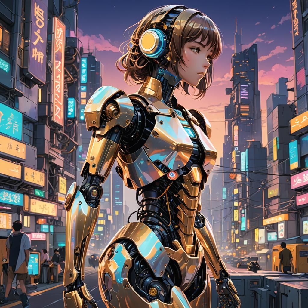 Anime Robot Girl in a Neon Cityscape