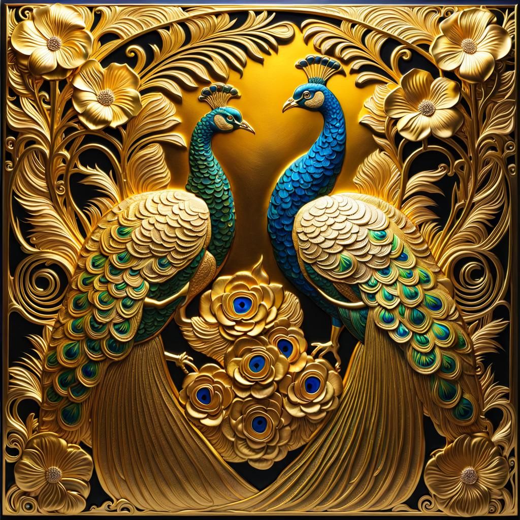 Art Deco Peacock Relief in Golden Splendor
