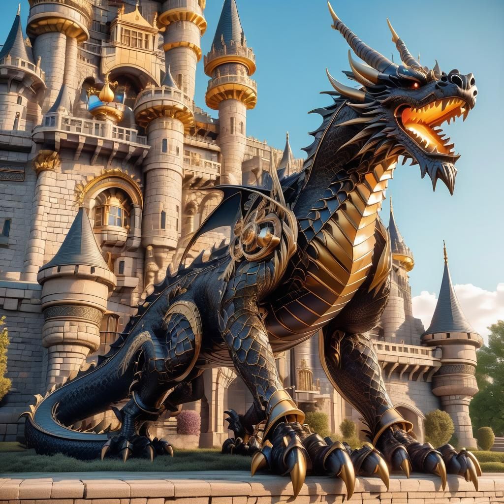 Mechanical Dragon Guarding Castle: Fantasy Illustration