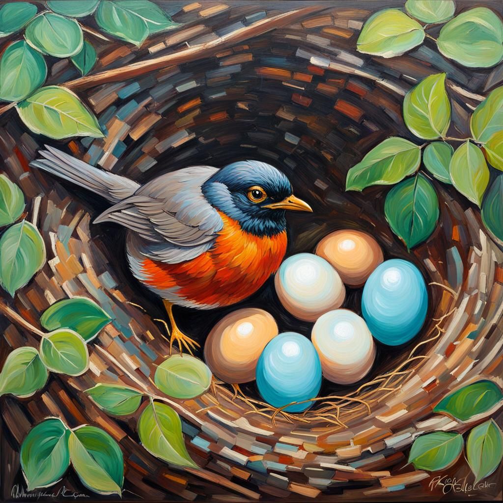 Robin's Nest in Neo-Impressionist Expressionist Style