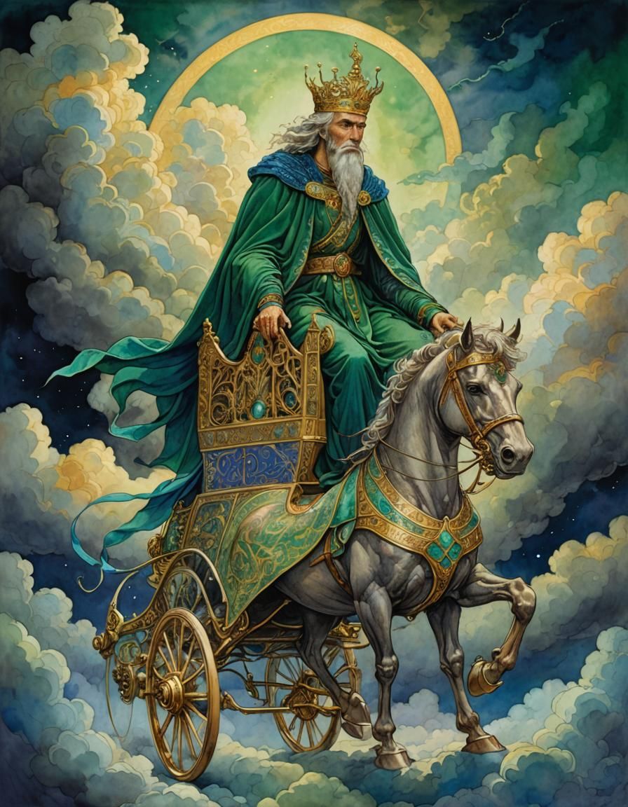 Fantasy King in Chariot: Mystical Watercolor Illustration