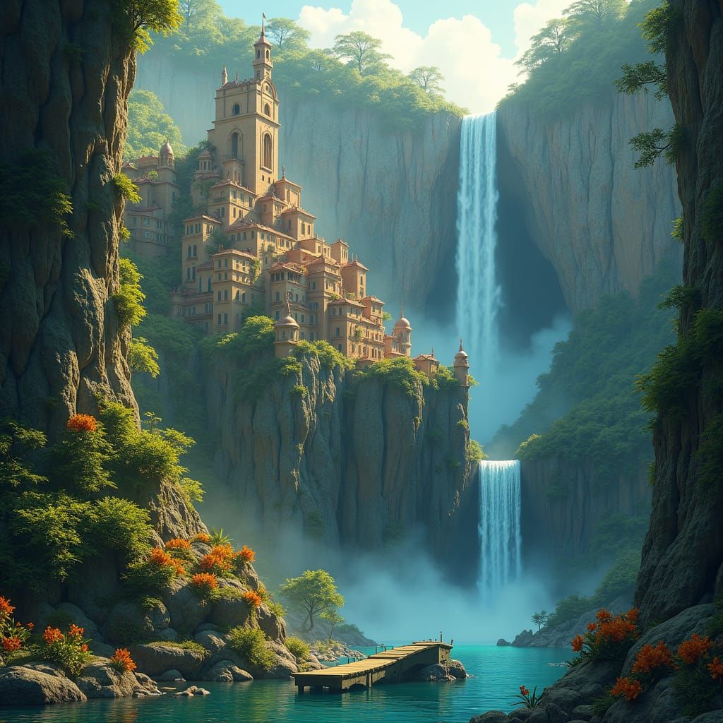 Waterfall Cascading Over Ancient Cliff Town