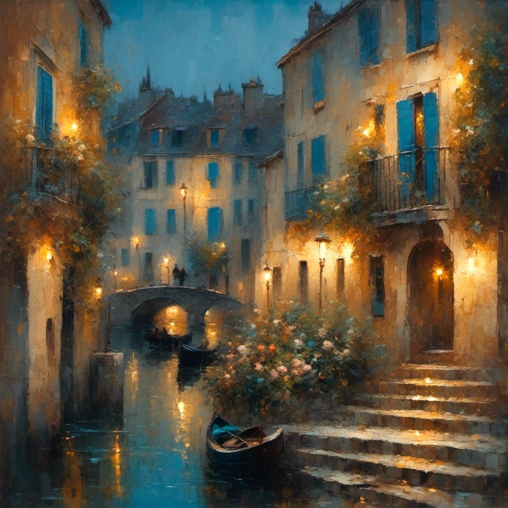 Parisian Canal Scene at Twilight in Oil and Watercolor