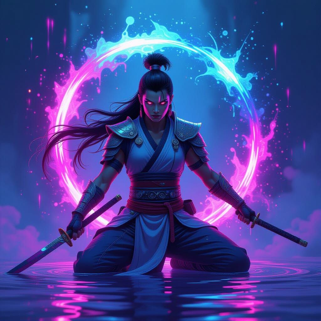 Mystical Warrior with Neon Aura in Syd Mead Style