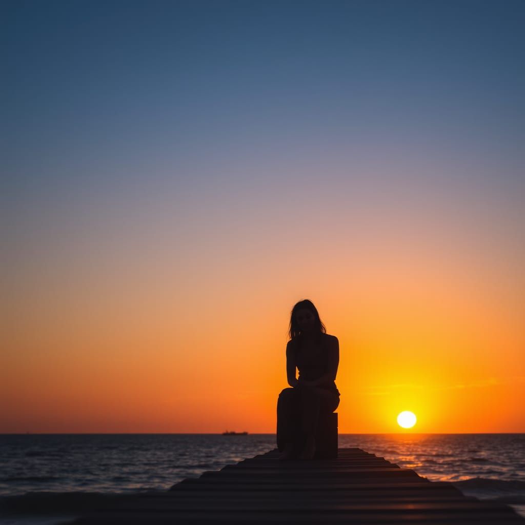 Silhouette of a Sad Woman at Sunset