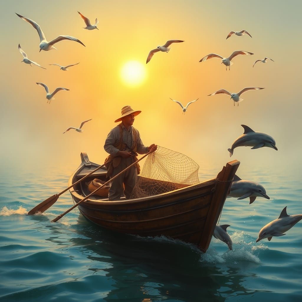 Fisherman in Golden Light with Seagulls and Dolphins