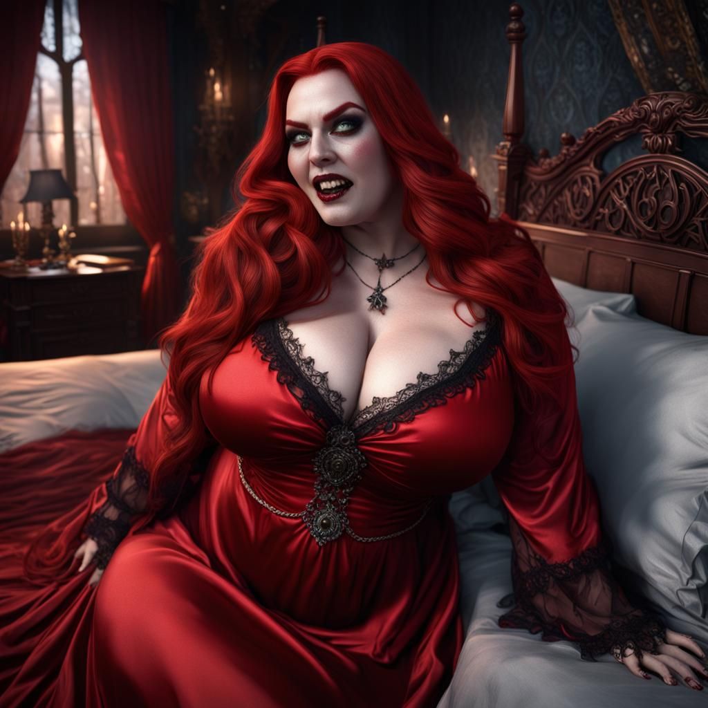 BBW Vampire with Fangs in Red Nightgown