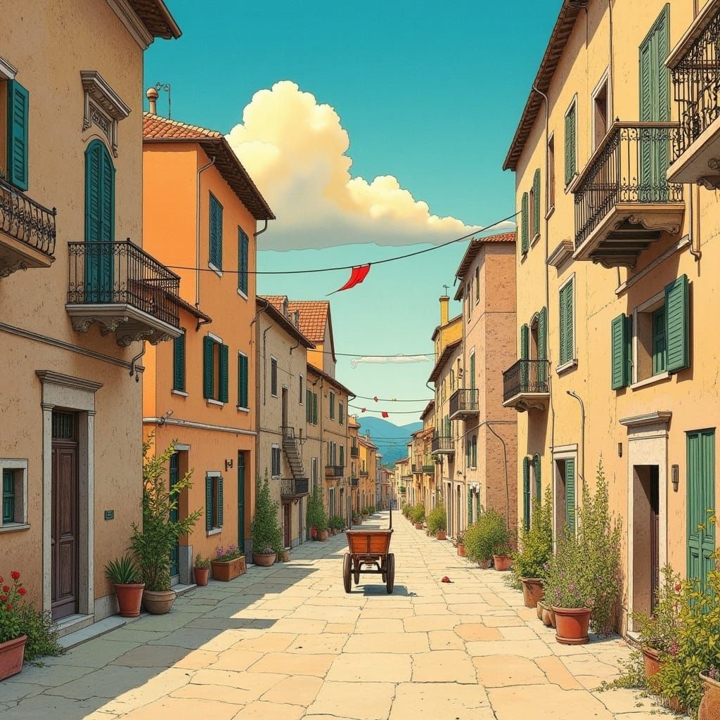 Charming Italian Village Lane in Watercolor Style