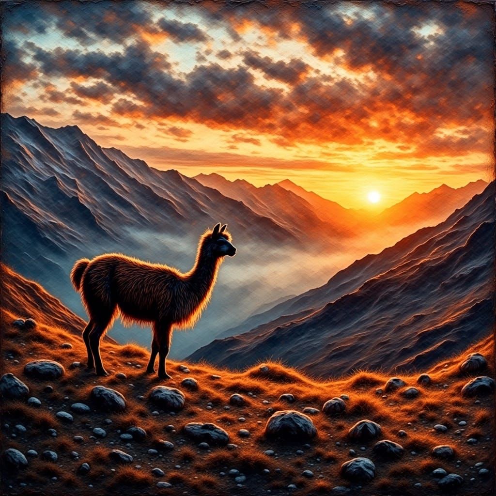 Dystopian Alpaca Landscape in Grungy Oil Paint Style