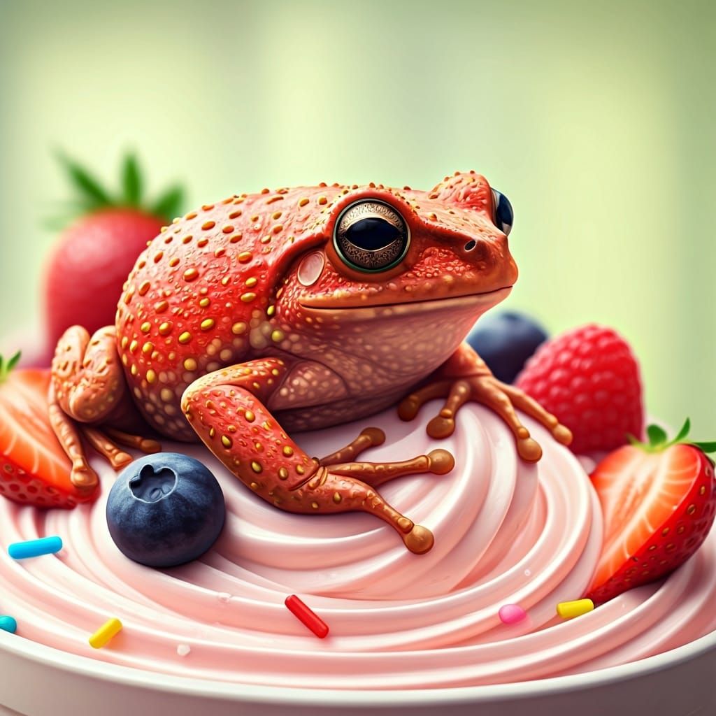 Strawberry Frog in Vanilla Ice Cream, Surreal Close-Up