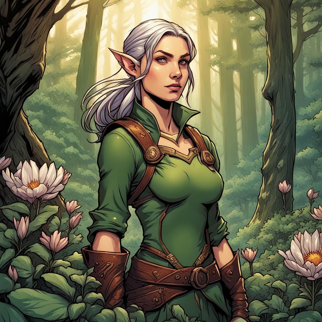 Female Elf Ranger in Forest, Comic Book Art