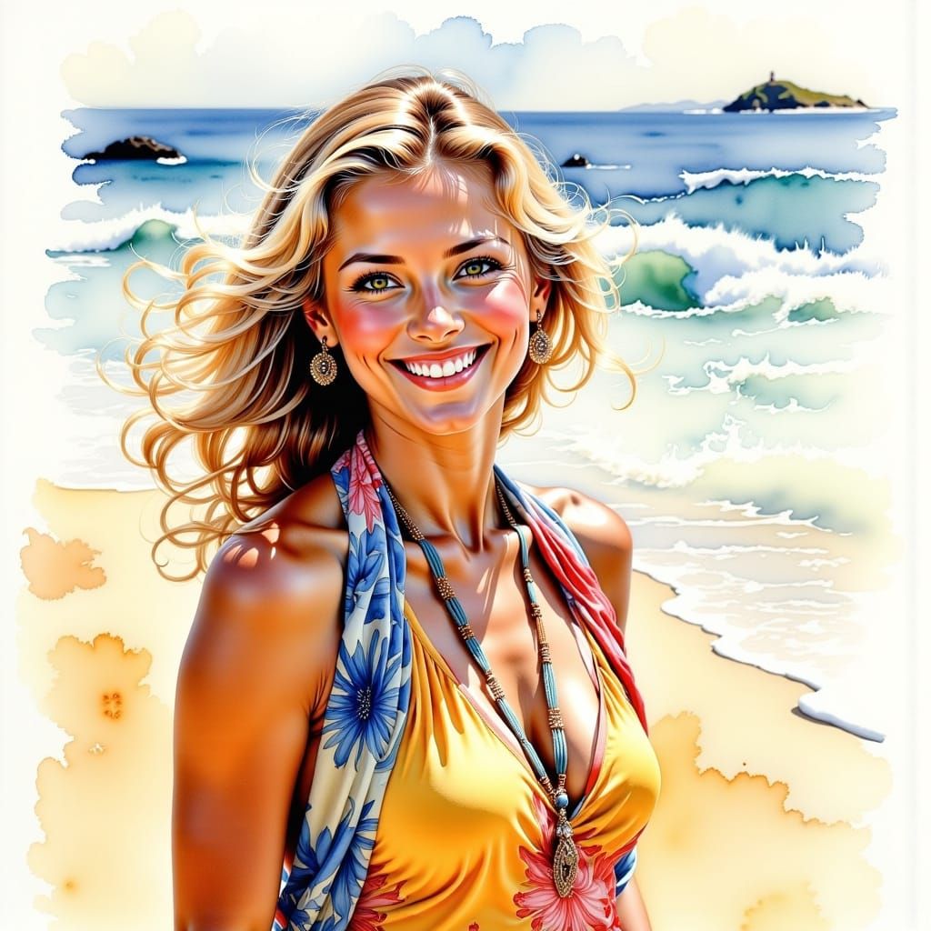 Radiant Woman's Joyful Smile on a Sunny Beach