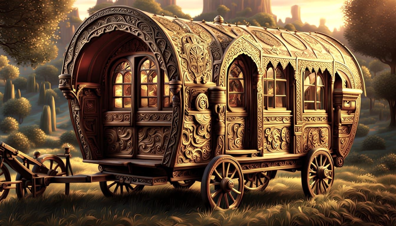Intricately Carved Romany Caravan in High Resolution