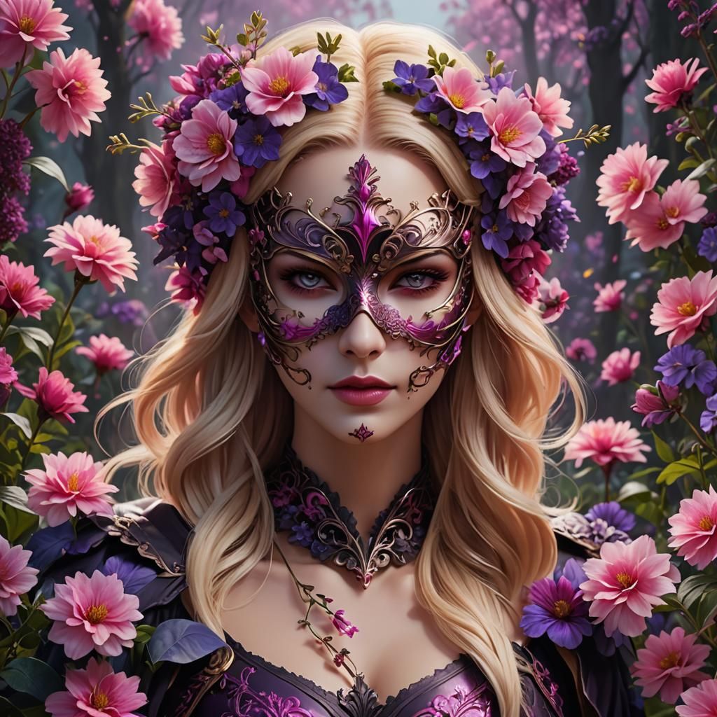 Woman in Floral Mask: Detailed Fantasy Art