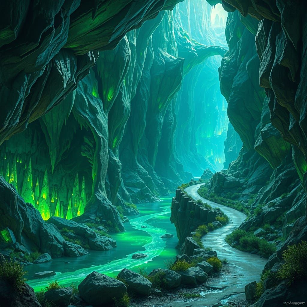 Emerald Caves with Sugary Rivers, Gurney & Stalenhag Style