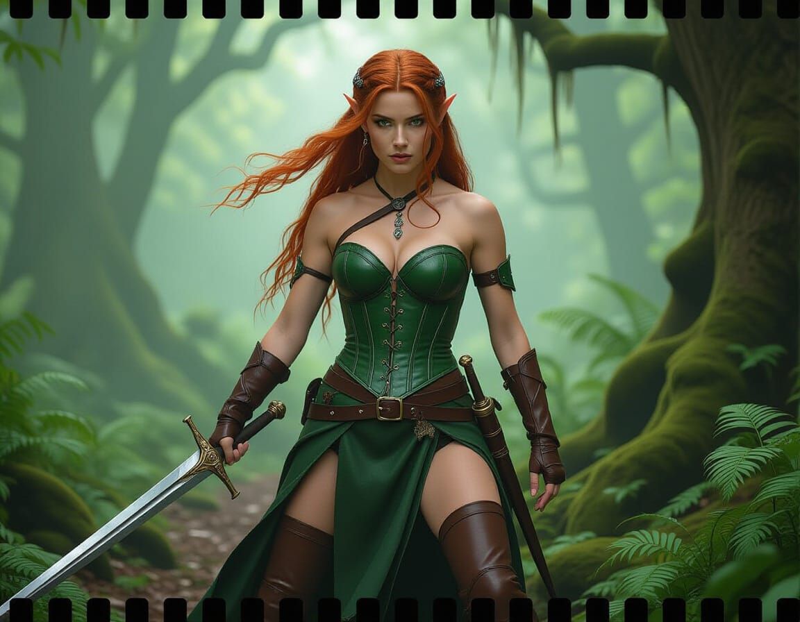 Elven Warrior in Enchanted Forest, Cinematic Film Still