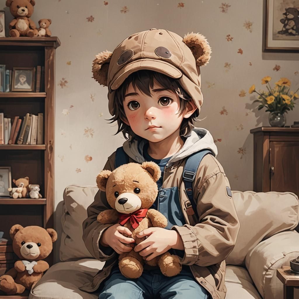 Sad Child with Teddy Bear, Anime Style