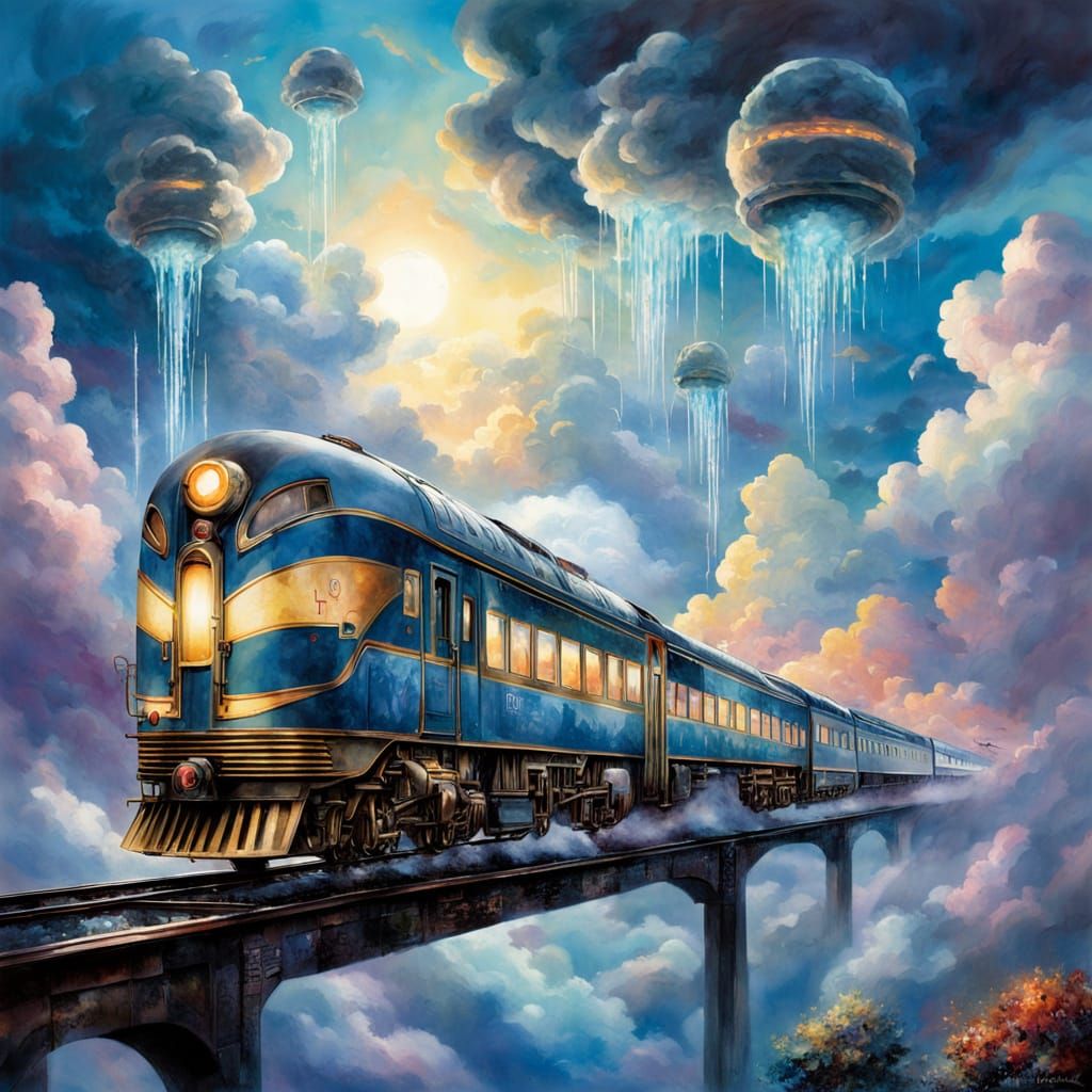 The futuristic glowing bioluminescence  sky train