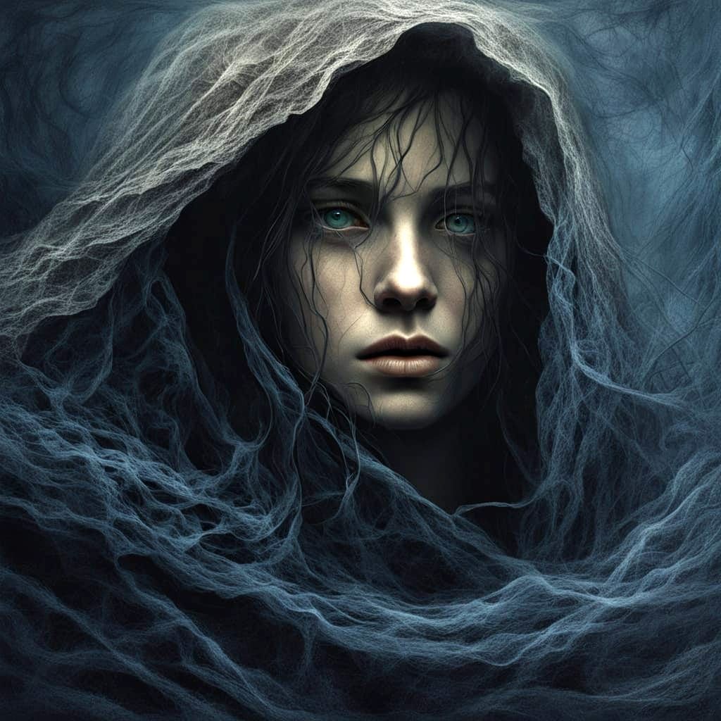 A haunting, close-up fantasy portrait